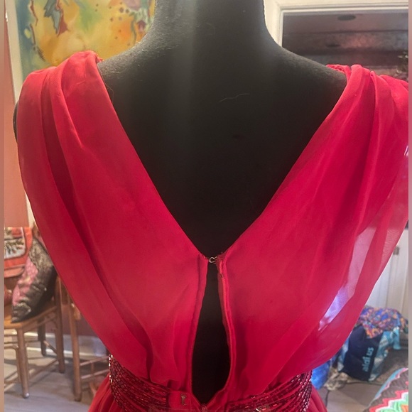 Vintage 70s Lillie Rubin AJ Bari red midi chiffon dress with sparkly floral belt - Picture 2 of 7